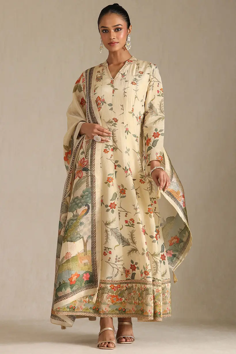 Beige Viscose Floral Print Gown With Cutdana